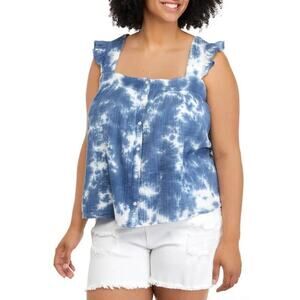 True Craft Blue + White Tie Dye Square Neck Ruffle Sleeve Tank Top - 1X